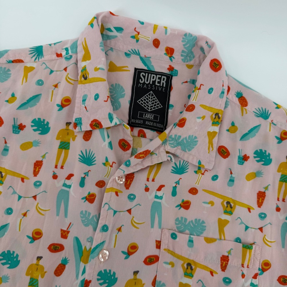 Super Massive Button Down Shirt Mens Large Pink Tropical Surfer Novelty Print